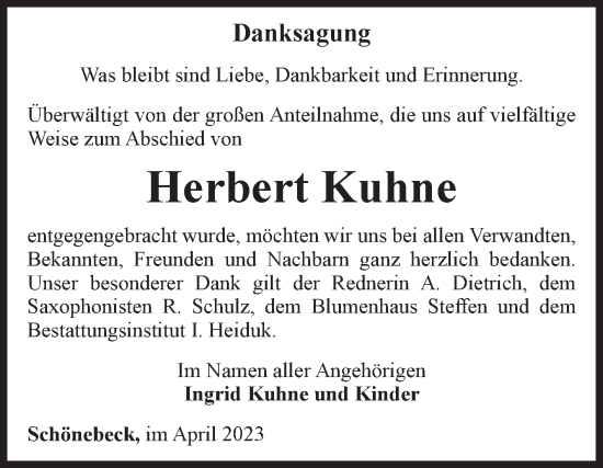 Traueranzeige von Herbert Kuhne von Volksstimme Schönebeck