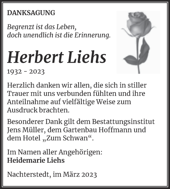 Traueranzeige von Herbert Liehs von Trauerkombi Aschersleben