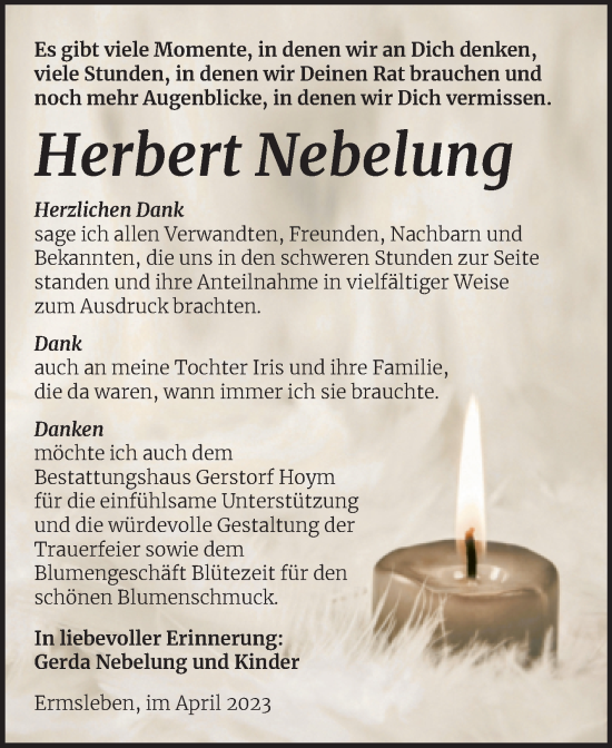 Traueranzeige von Herbert Nebelung von Trauerkombi Quedlinburg