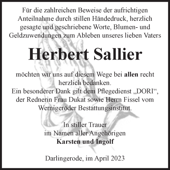Traueranzeige von Herbert Sallier von Volksstimme Wernigerode