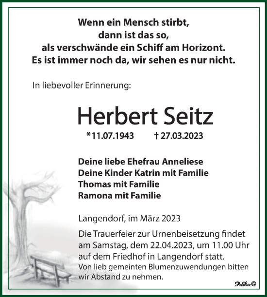 Traueranzeige von Herbert Seitz von Trauerkombi Weißenfels
