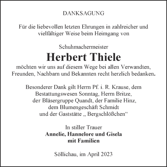 Traueranzeige von Herbert Thiele von Trauerkombi Wittenberg