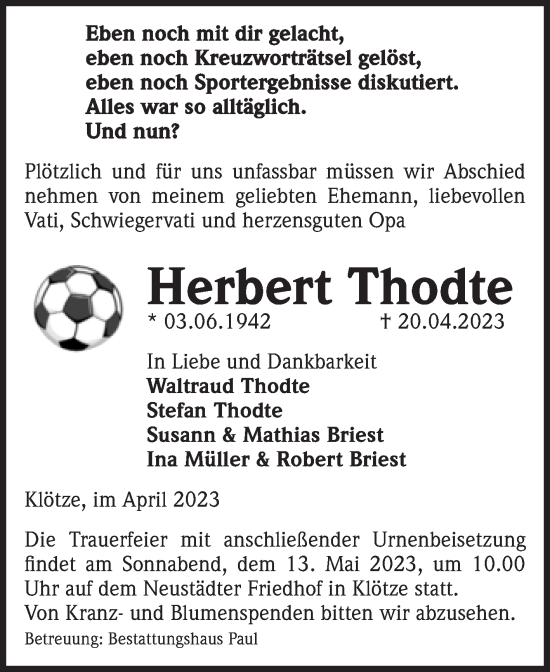 Traueranzeige von Herbert Thodte von Volksstimme Altmark West