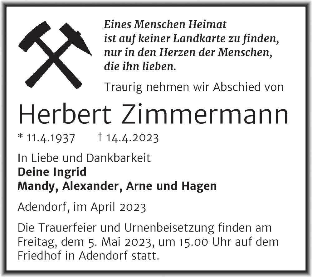  Traueranzeige für Herbert Zimmermann vom 26.04.2023 aus Trauerkombi Mansfelder Land