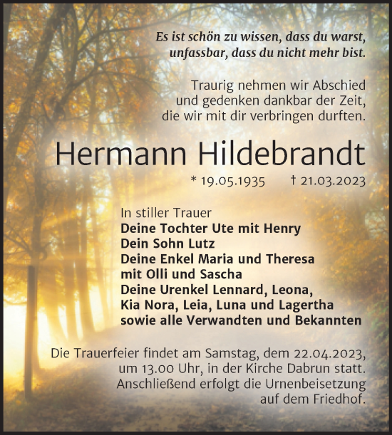 Traueranzeige von Hermann Hildebrandt von Trauerkombi Wittenberg