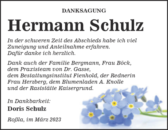 Traueranzeige von Hermann Schulz von Trauerkombi Sangerhausen