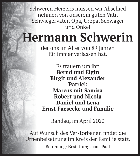 Traueranzeige von Hermann Schwerin von Volksstimme Altmark West