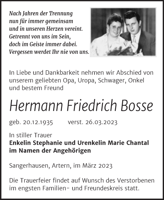 Traueranzeige von Hermann Friedrich Bosse von Trauerkombi Sangerhausen