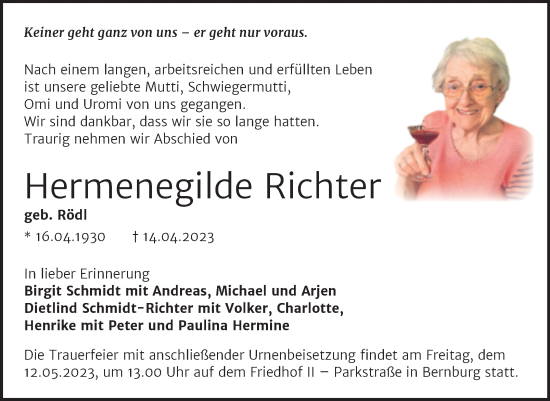 Traueranzeige von Hermenegilde Richter von Trauerkombi Bernburg