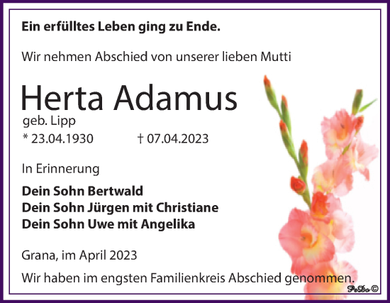 Traueranzeige von Herta Adamus von Trauerkombi Zeitz
