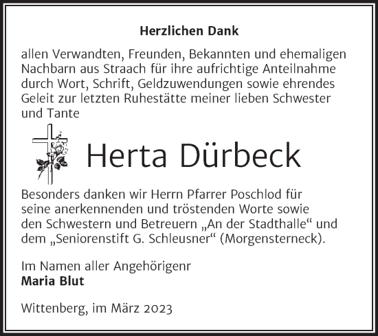Traueranzeige von Herta Dürbeck von Trauerkombi Wittenberg