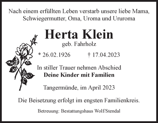 Traueranzeige von Herta Klein von Volksstimme Altmark Ost