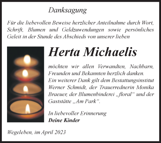 Traueranzeige von Herta Michaelis von Volksstimme Halberstadt