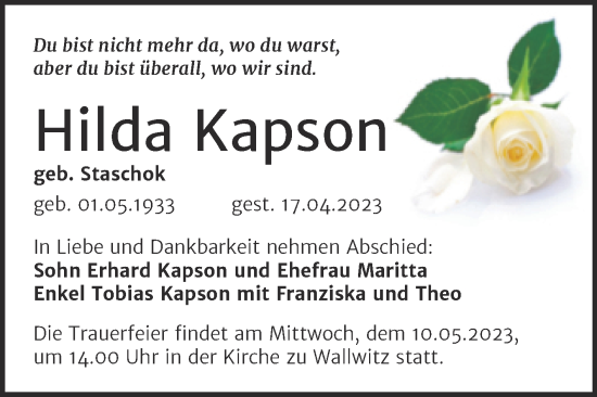 Traueranzeige von Hilda Kapson von Mitteldeutsche Zeitung Halle/Saalkreis