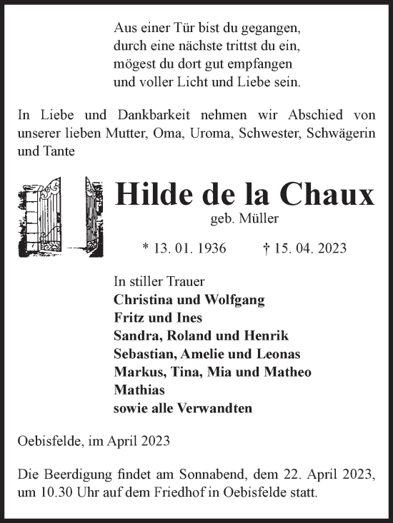 Traueranzeige von Hilde de la Chaux von Volksstimme Altmark West