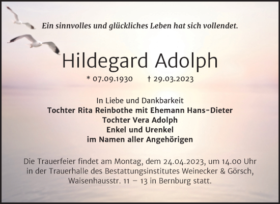 Traueranzeige von Hildegard Adolph von Trauerkombi Bernburg