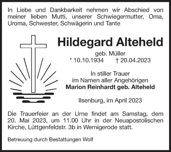 Traueranzeige von Hildegard Alteheld von Volksstimme Wernigerode