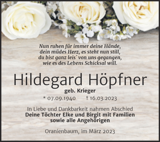 Traueranzeige von Hildegard Höpfner von Trauerkombi Wittenberg