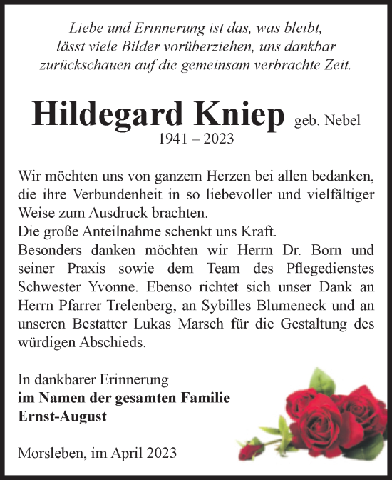 Traueranzeige von Hildegard Kniep von Volksstimme Haldensleben/Wolmirstedt