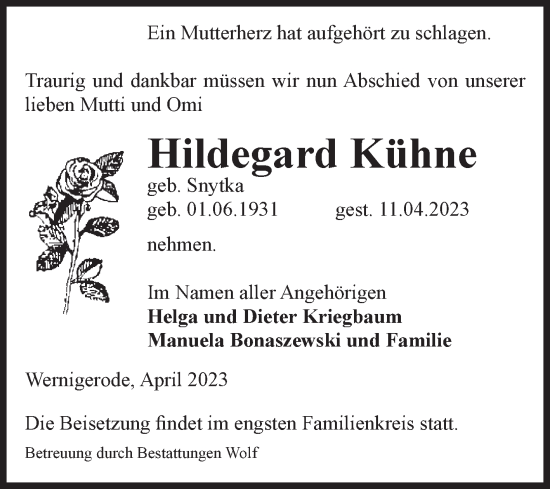 Traueranzeige von Hildegard Kühne von Volksstimme Wernigerode