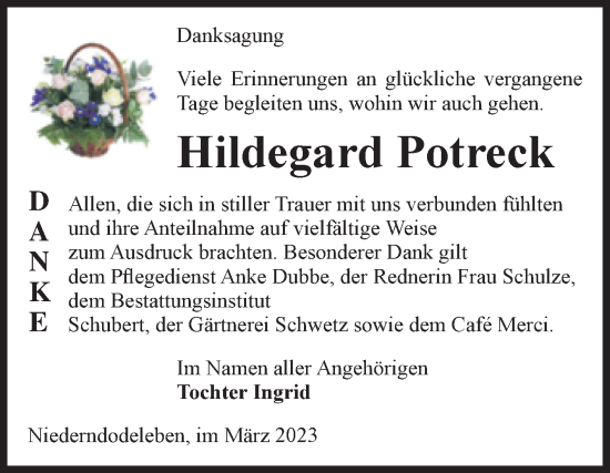Traueranzeige von Hildegard Potreck von Volksstimme Haldensleben/Wolmirstedt