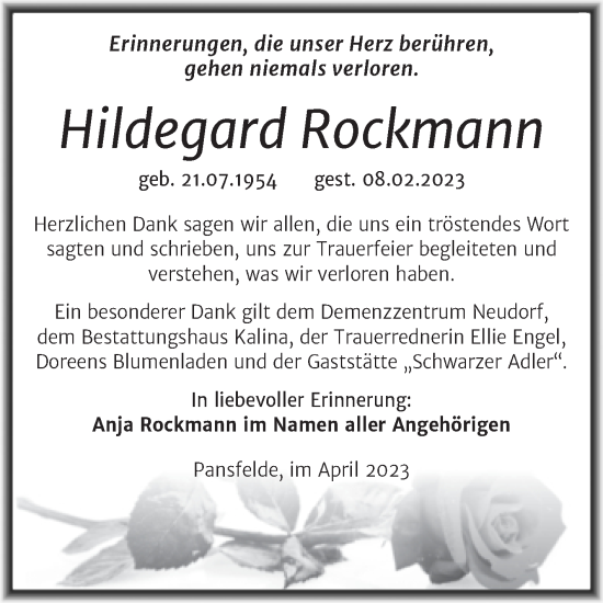 Traueranzeige von Hildegard Rockmann von Trauerkombi Quedlinburg