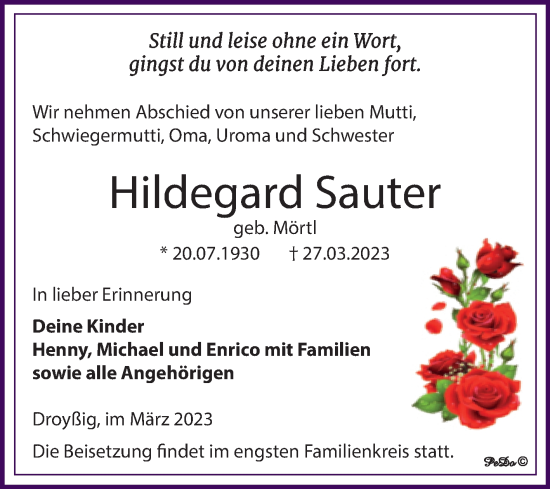 Traueranzeige von Hildegard Sauter von Trauerkombi Zeitz