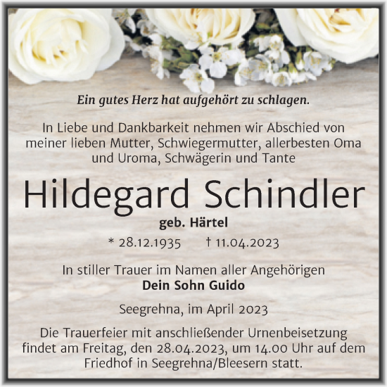 Traueranzeige von Hildegard Schindler von Trauerkombi Wittenberg