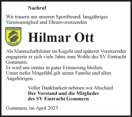 Traueranzeige von Hilmar Ott von Volksstimme Burg/Genthin