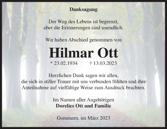 Traueranzeige von Hilmar Ott von Volksstimme Burg/Genthin