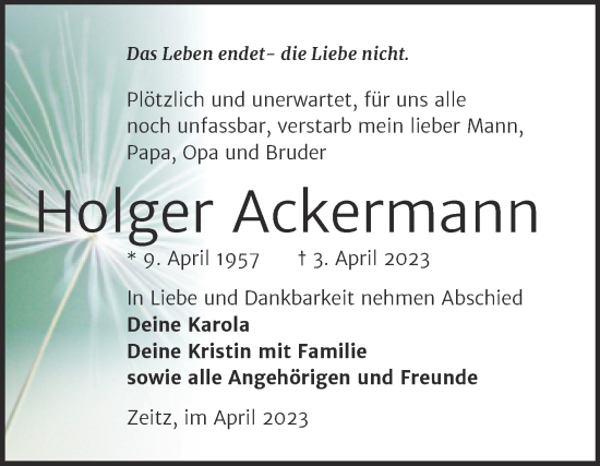Traueranzeige von Holger Ackermann von Trauerkombi Zeitz