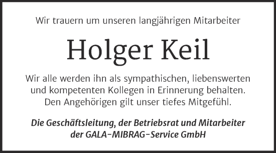 Traueranzeige von Holger Keil von Super Sonntag Zeitz