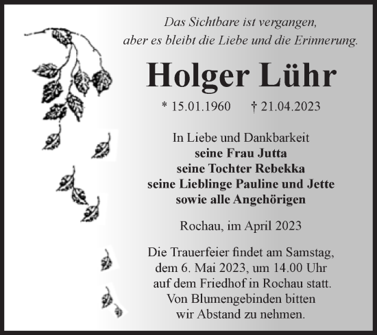 Traueranzeige von Holger Lühr von Volksstimme Altmark Ost