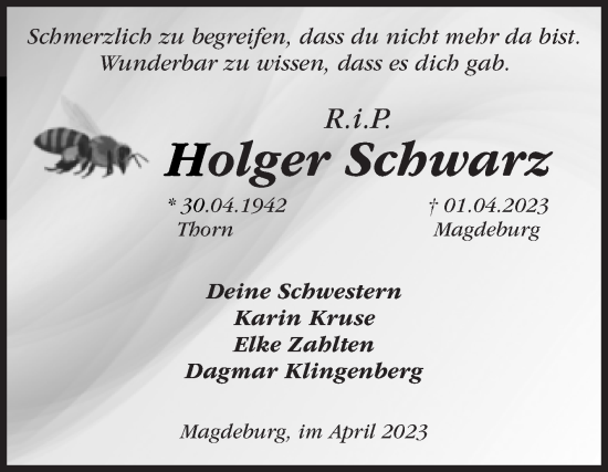 Traueranzeige von Holger Schwarz von Volksstimme Magdeburg