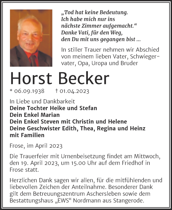 Traueranzeige von Horst Becker von Trauerkombi Aschersleben