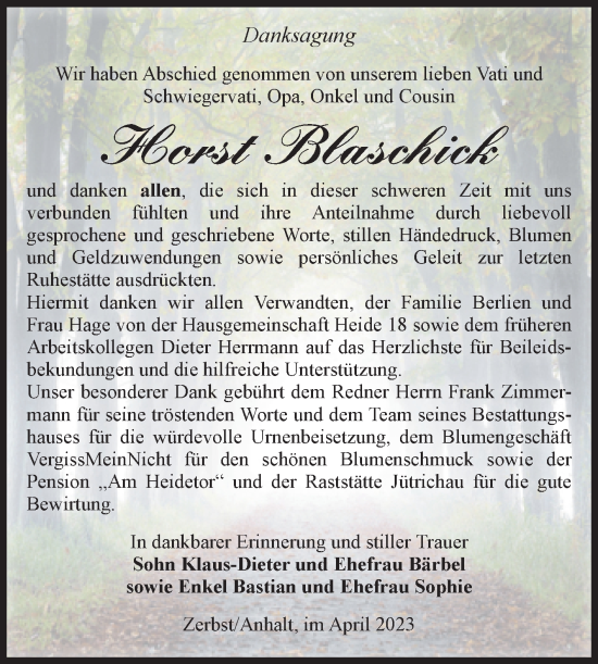Traueranzeige von Horst Blaschick von Volksstimme Zerbst