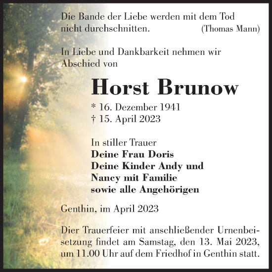 Traueranzeige von Horst Brunow von Volksstimme Burg/Genthin