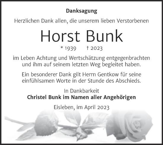 Traueranzeige von Horst Bunk von Trauerkombi Mansfelder Land
