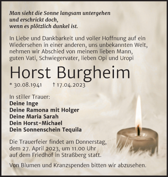 Traueranzeige von Horst Burgheim von Trauerkombi Quedlinburg