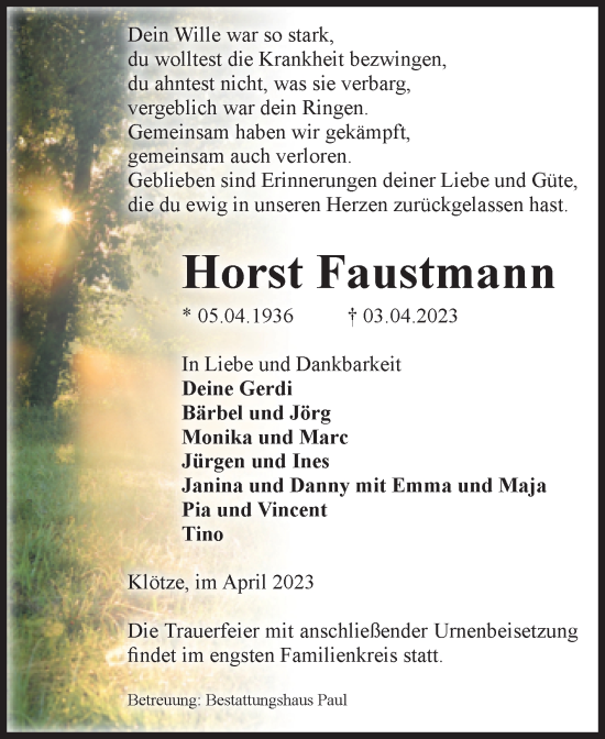 Traueranzeige von Horst Faustmann von Volksstimme Altmark West