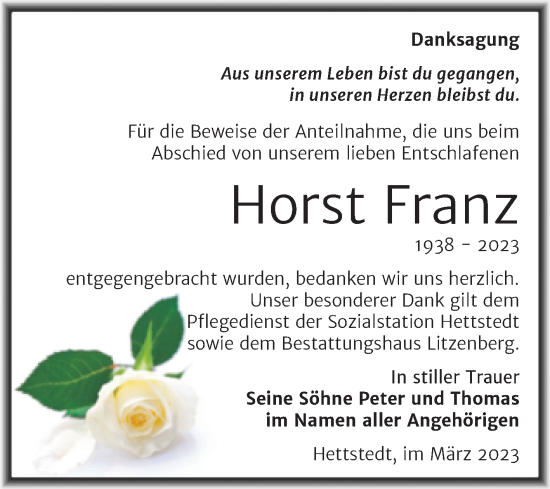 Traueranzeige von Horst Franz von Mitteldeutsche Zeitung Mansfelder Land