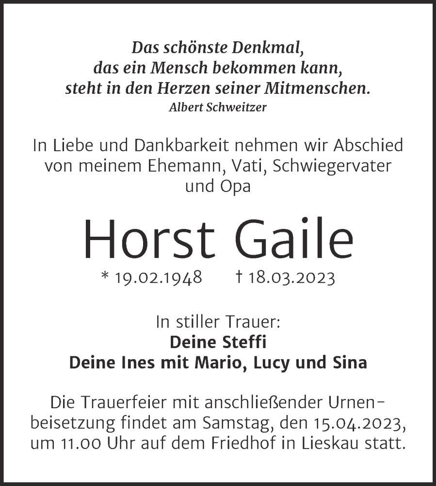 Traueranzeige für Horst Gaile vom 01.04.2023 aus Mitteldeutsche Zeitung Halle/Saalkreis