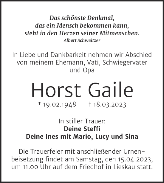 Traueranzeige von Horst Gaile von Mitteldeutsche Zeitung Halle/Saalkreis