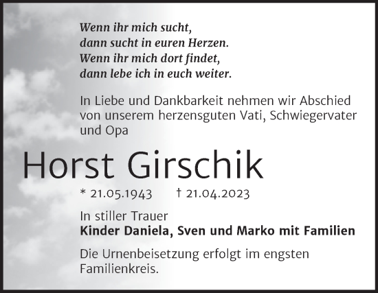 Traueranzeige von Horst Girschik von Trauerkombi Bernburg