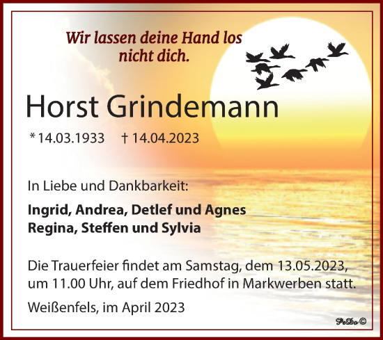 Traueranzeige von Horst Grindemann von Trauerkombi Weißenfels