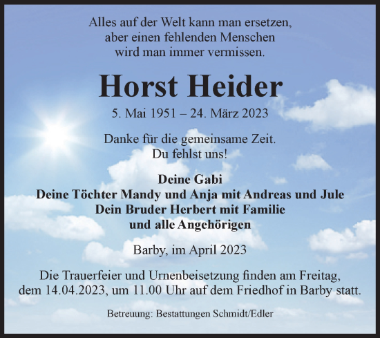 Traueranzeige von Horst Heider von Volksstimme Schönebeck