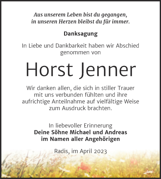 Traueranzeige von Horst Jenner von Trauerkombi Wittenberg
