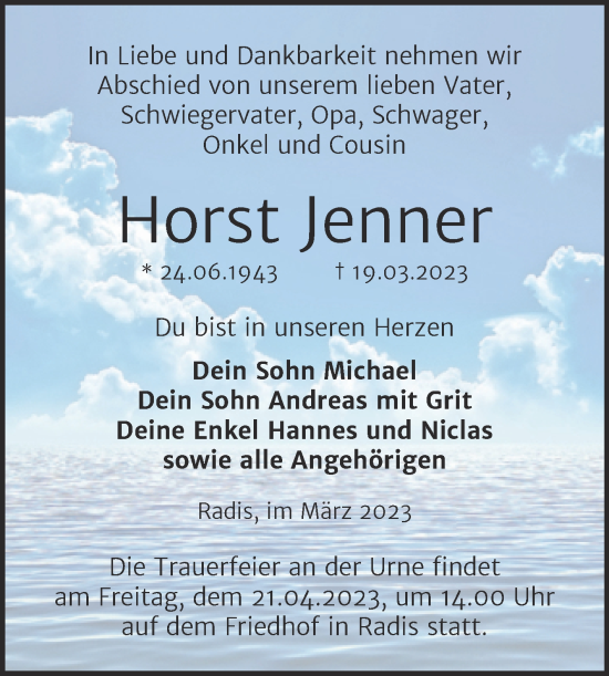 Traueranzeige von Horst Jenner von Trauerkombi Wittenberg