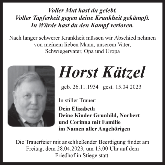 Traueranzeige von Horst Kätzel von Volksstimme Wernigerode