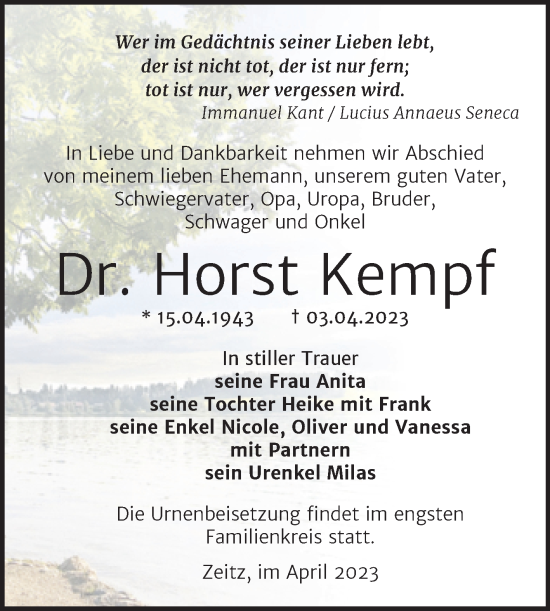 Traueranzeige von Horst Kempf von Trauerkombi Zeitz